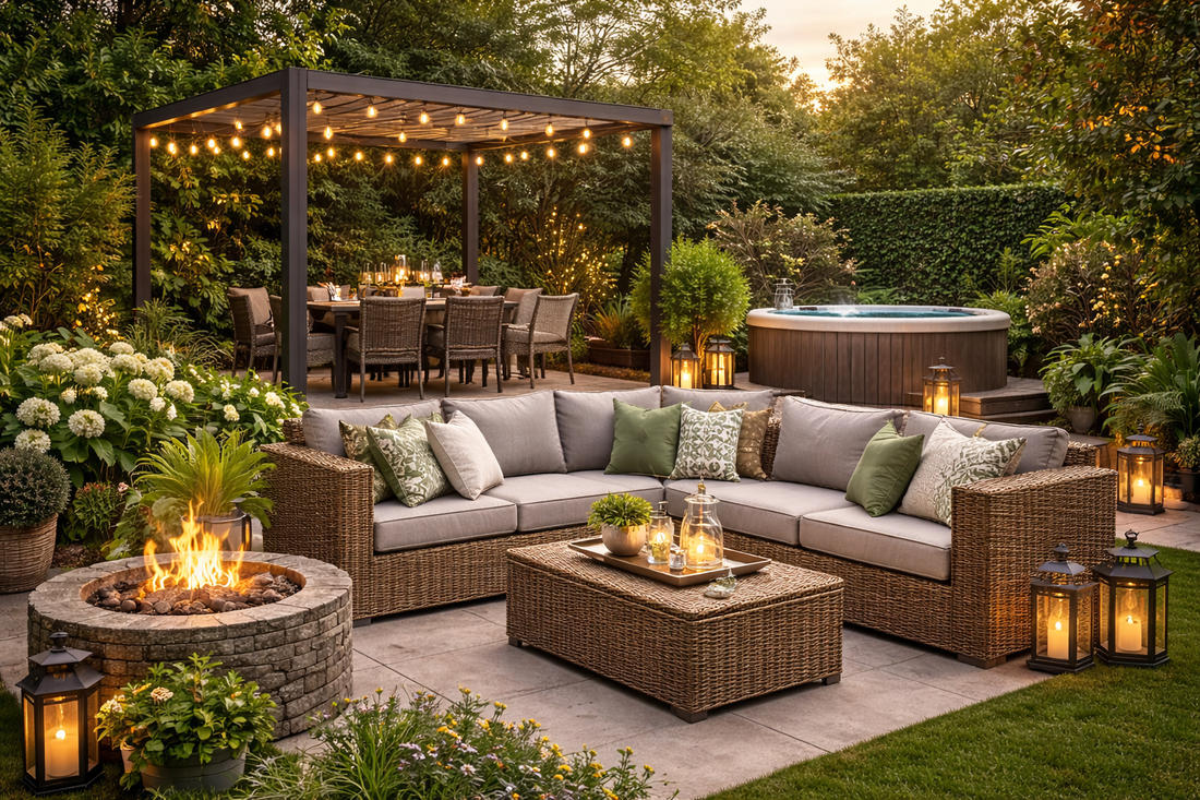 luxury outdoor garden setup with pergola lounge seating fire pit and hot tub at sunseten, patio ideas