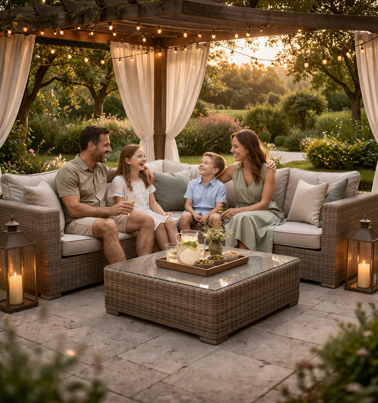 Luxury rattan garden furniture set with family relaxing under pergola in outdoor living space