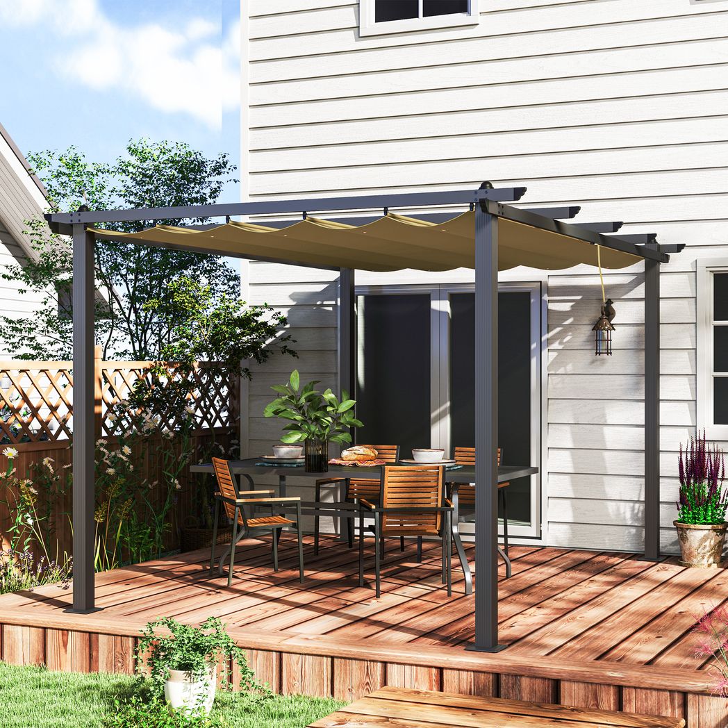 modern garden pergola with outdoor dining table and shaded patio area