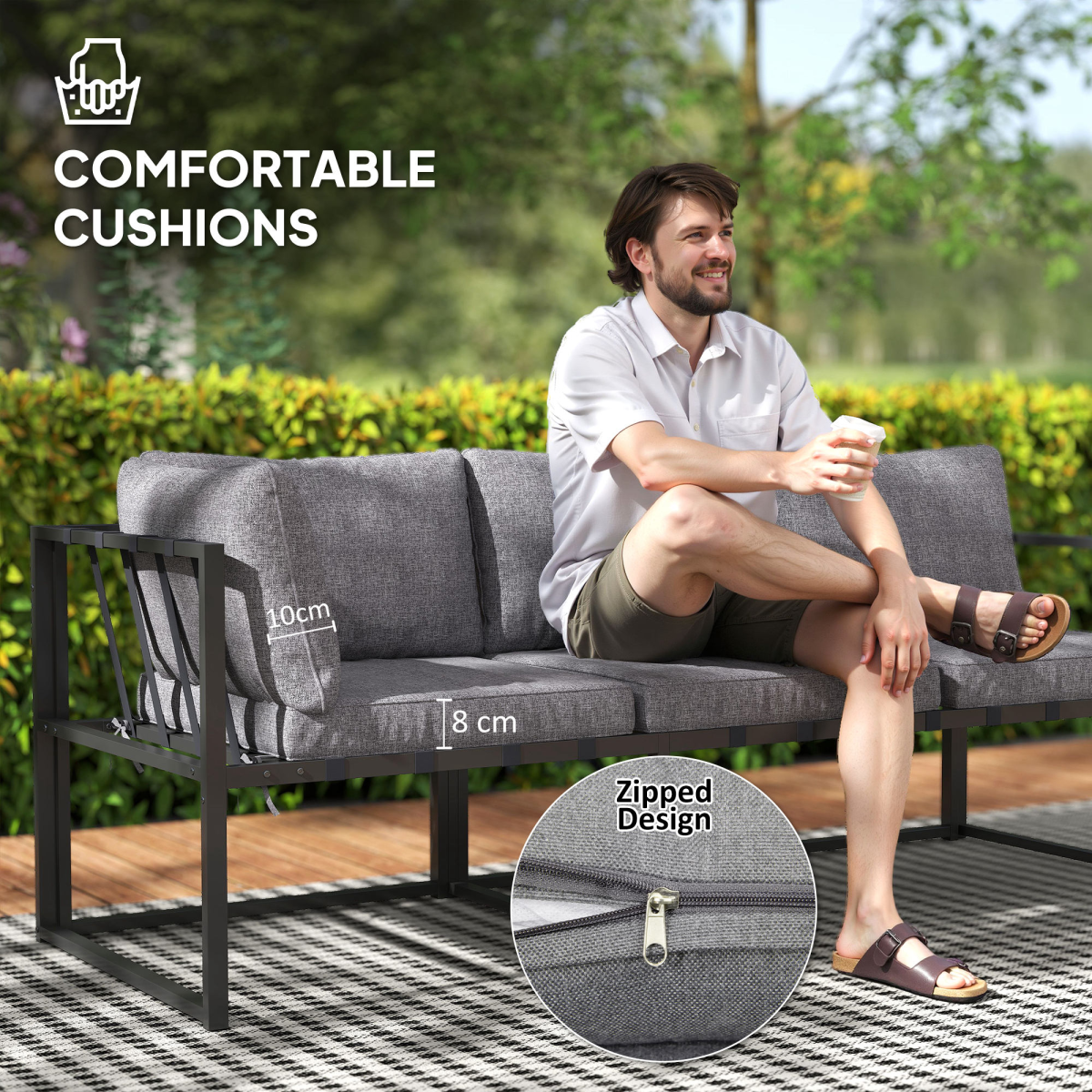 Outsunny 3 Piece L Shaped Garden Furniture Set with Cushions, Grey
