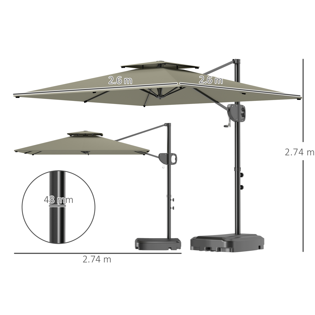 Outsunny Garden Cantilever Parasol w/ Weighted Base Tilt Crank