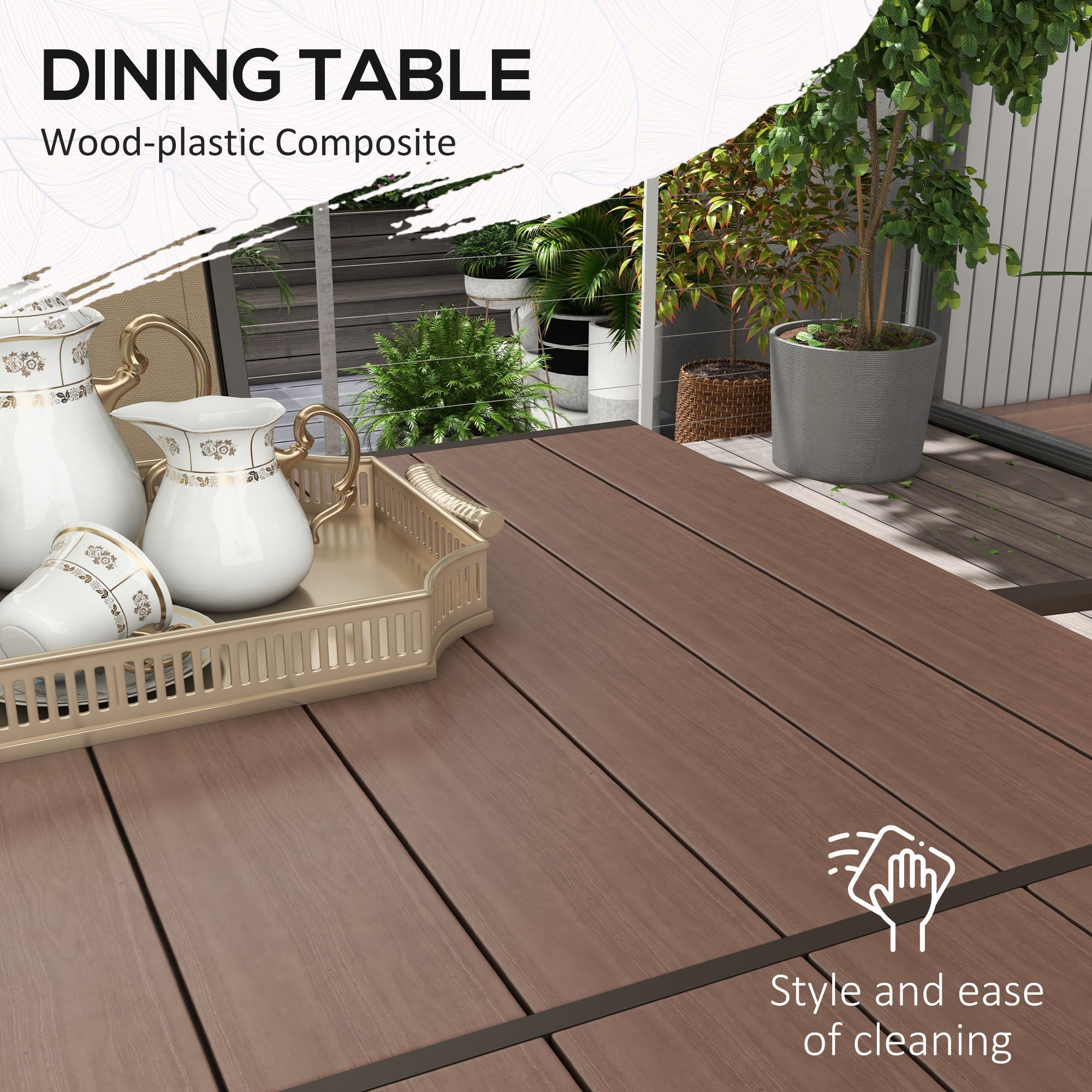 Outsunny 7 PCs Garden Dining Set, Wood-plastic Composite Table & 6 Chairs, Khaki
