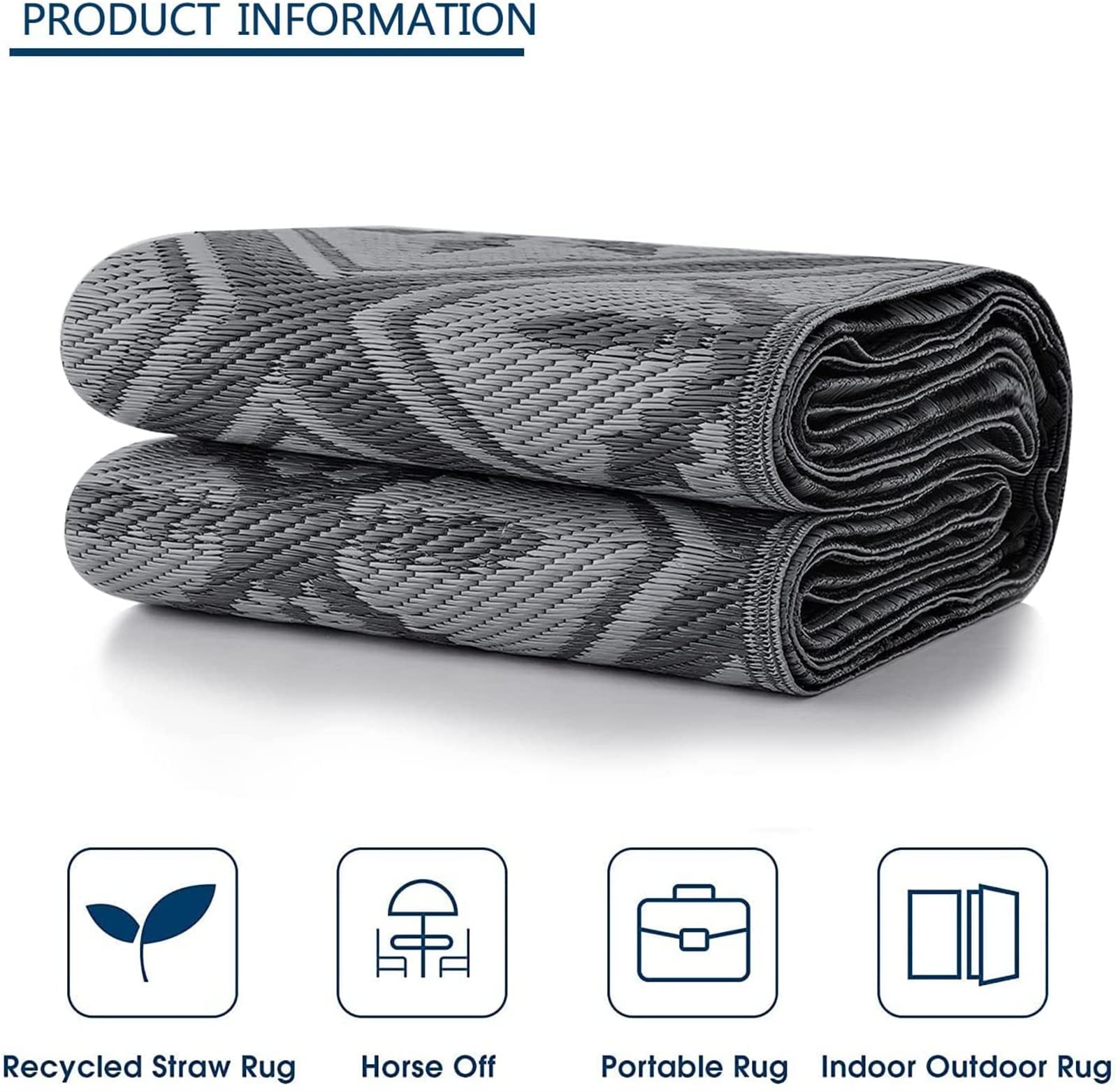 Enipate Outdoor Rugs for Patios Waterproof, 6x9ft Reversible Easy Cleaning Garden Rug, Portable Comfortable Woven Geometric Outdoor Carpet (Black &