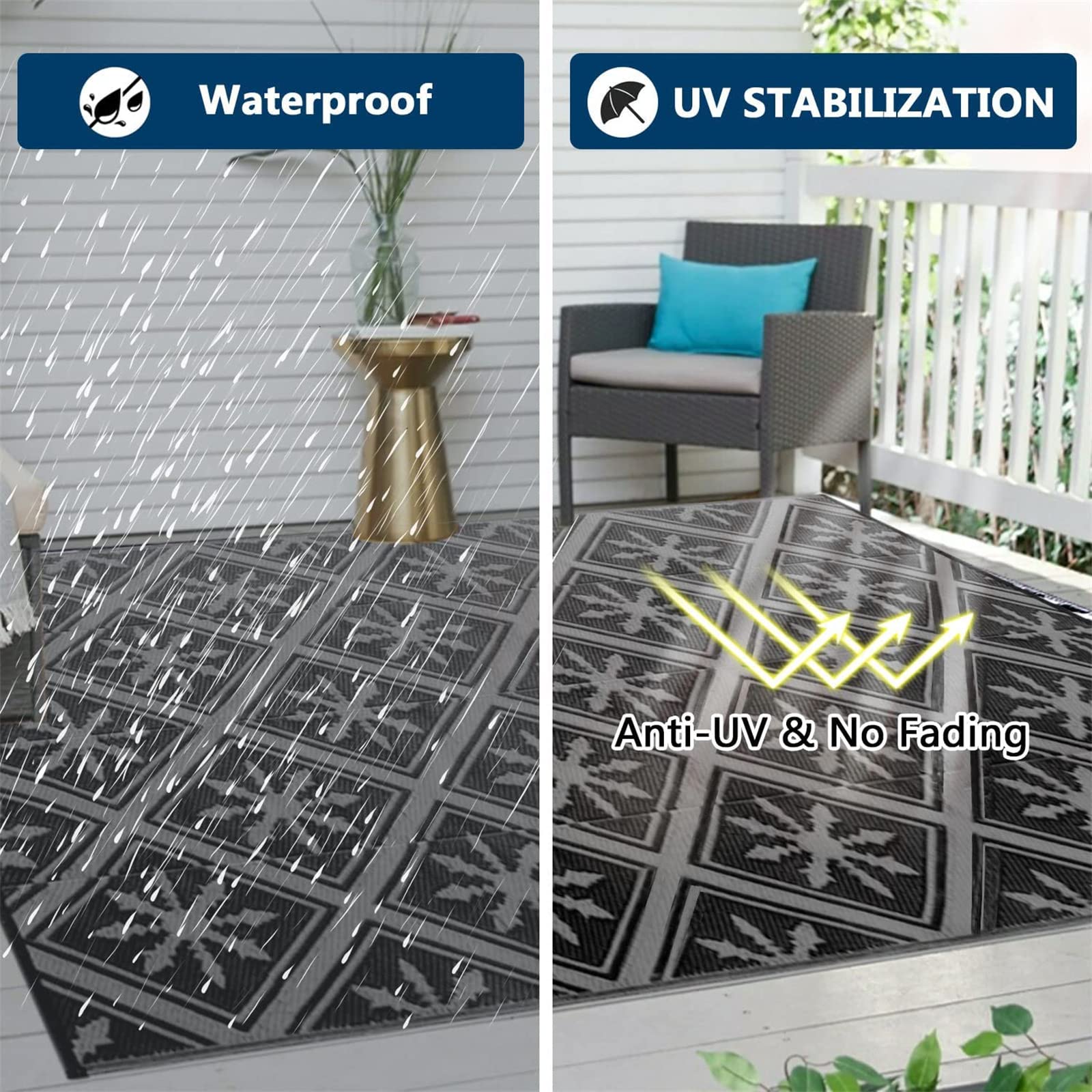 Enipate Outdoor Rugs for Patios Waterproof, 6x9ft Reversible Easy Cleaning Garden Rug, Portable Comfortable Woven Geometric Outdoor Carpet (Black &