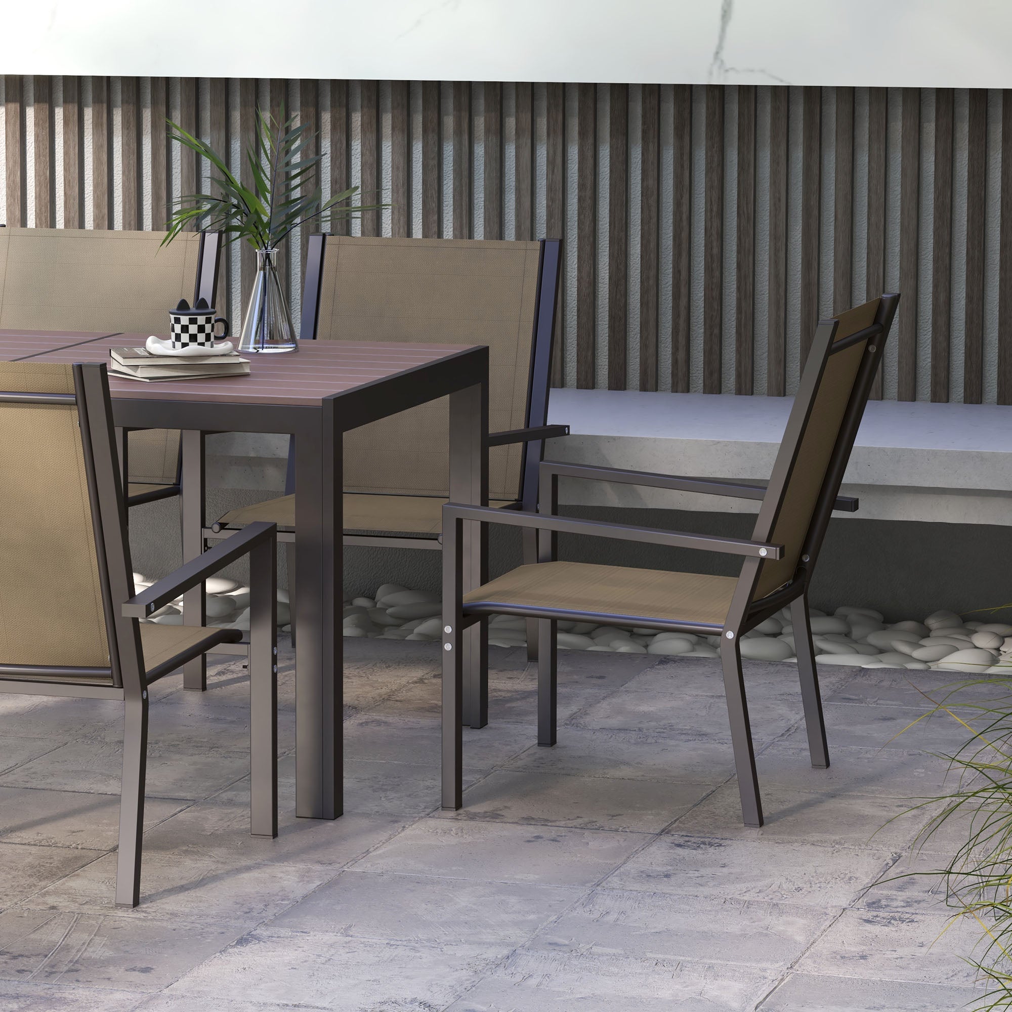 Outsunny 7 PCs Garden Dining Set, Wood-plastic Composite Table & 6 Chairs, Khaki