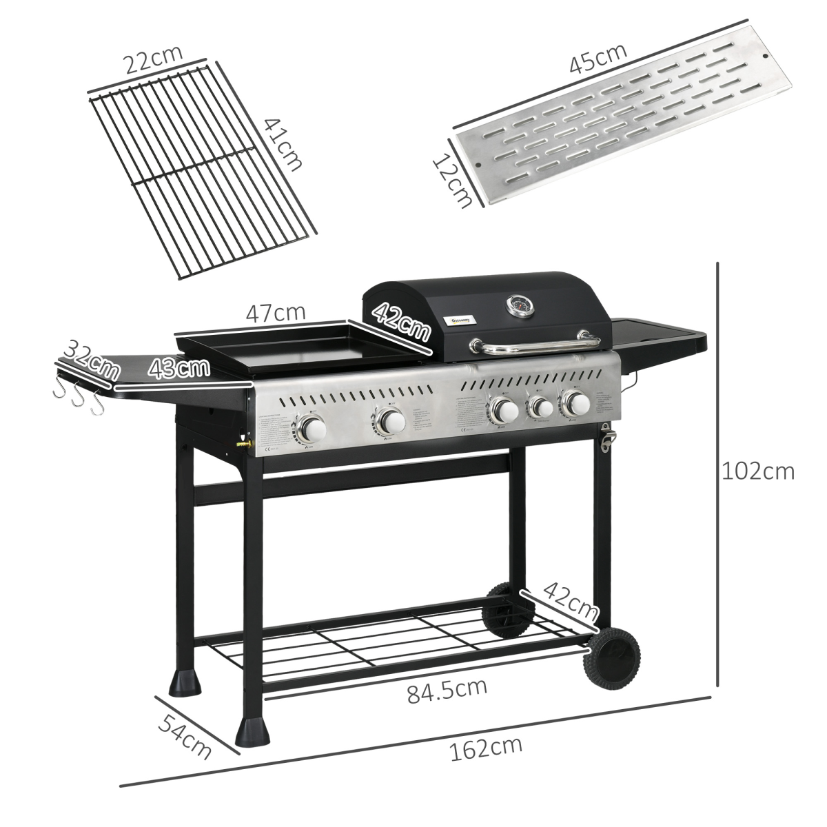 Outsunny Gas Grill and Plancha with 15 kW 4+1 Burners for Garden Party Festival
