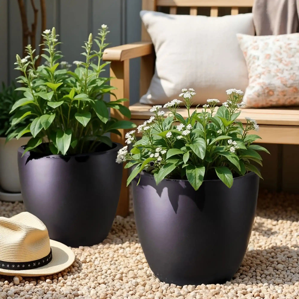 IDEALIST Lite 40cm Garden Planter | Washed Light Concrete Egg Round Planter | Contemporary Outdoor Plant Pot D40 H40 cm, 50L