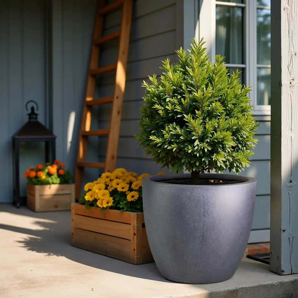 IDEALIST Lite 40cm Garden Planter | Washed Light Concrete Egg Round Planter | Contemporary Outdoor Plant Pot D40 H40 cm, 50L