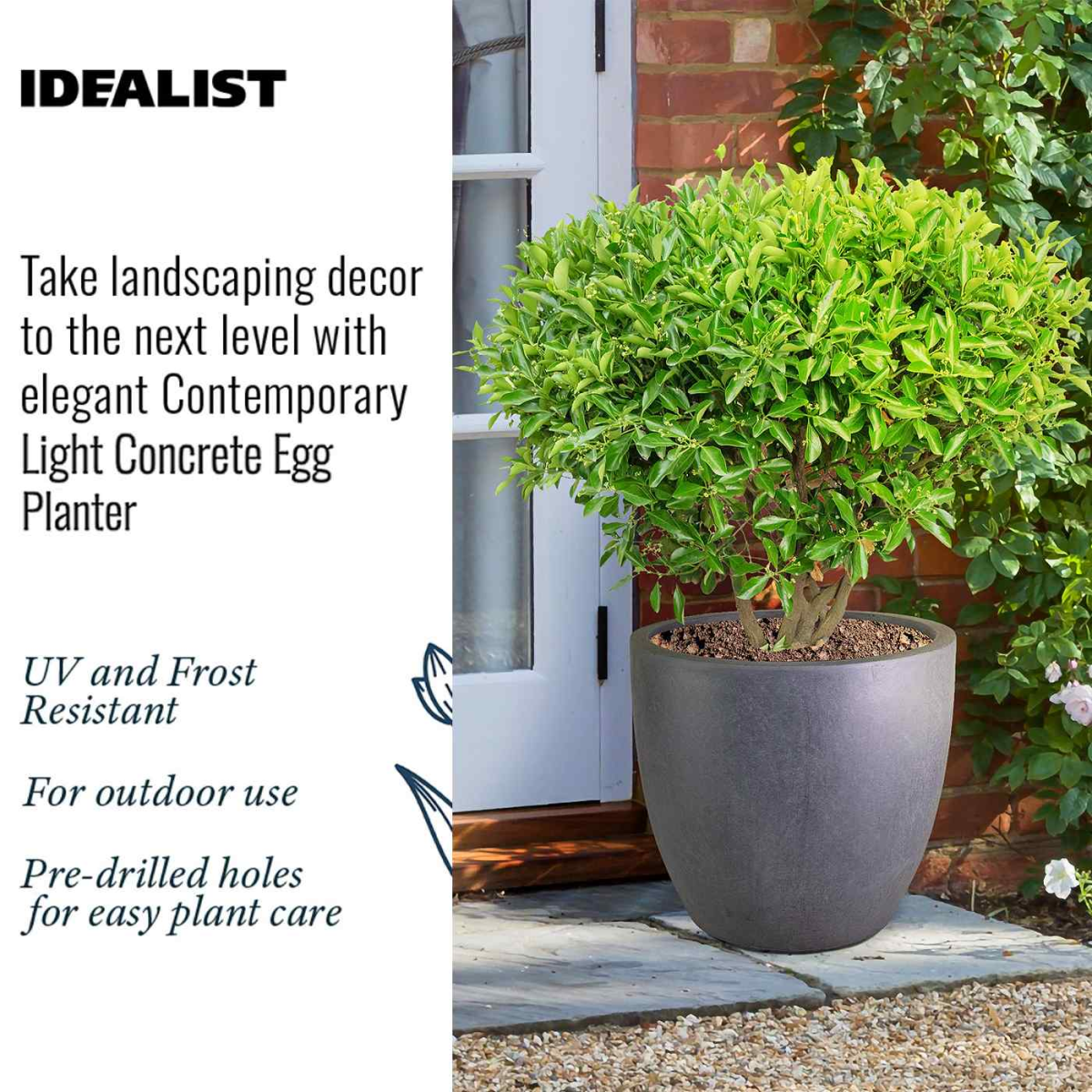 IDEALIST Lite 50cm Large Garden Planter for Trees | Washed Light Concrete Egg Round Planter | Contemporary Outdoor Plant Pot D50 H50 cm, 98L