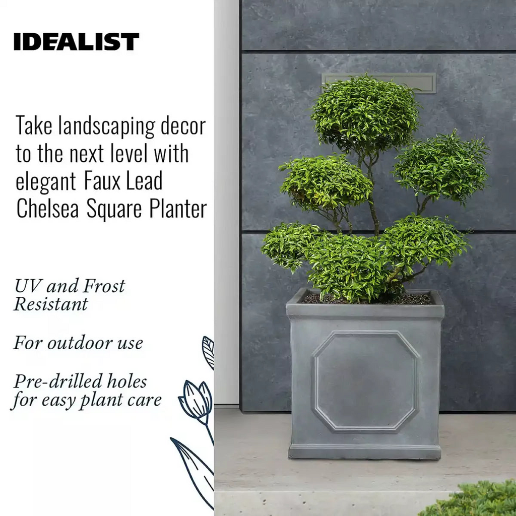 IDEALIST Lite Chelsea Flower Box Square Garden Planter, Faux Lead Grey Light Stone Outdoor Large Plant Pot W45 H45 L45 cm, 91L