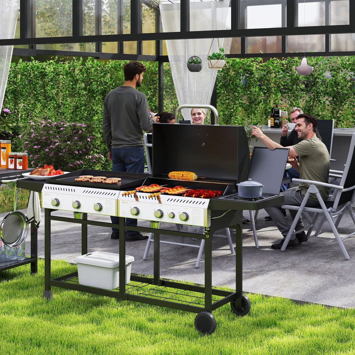 Outsunny Gas Grill and Plancha with 6+1 Burners for Garden Party Festival