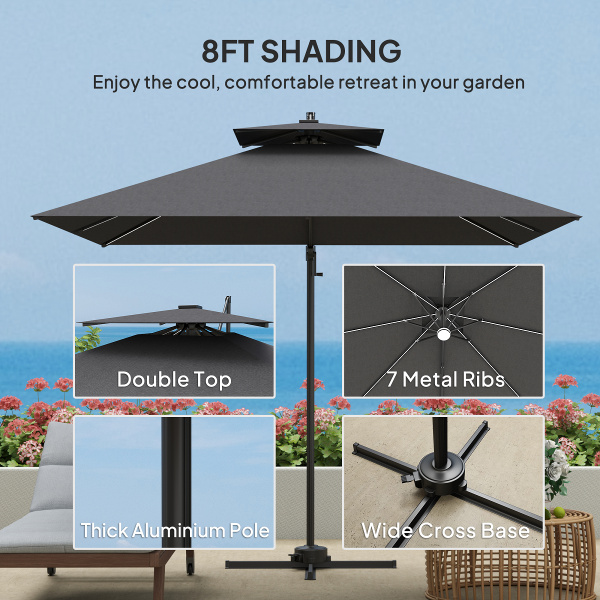 Outsunny 2.5m Cantilever Parasol, Garden Parasol with Lights