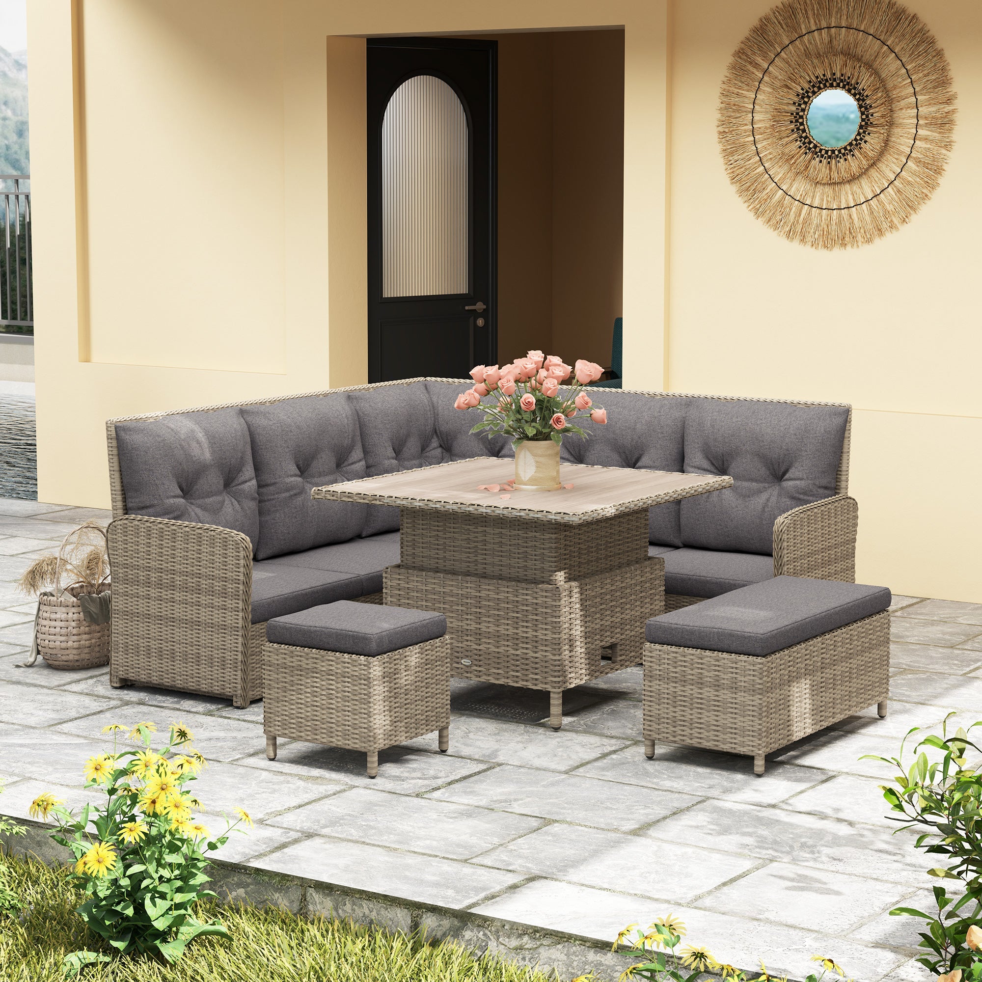Outsunny 6 PCs Rattan Garden Furniture Sectional Corner Sofa, Light Grey