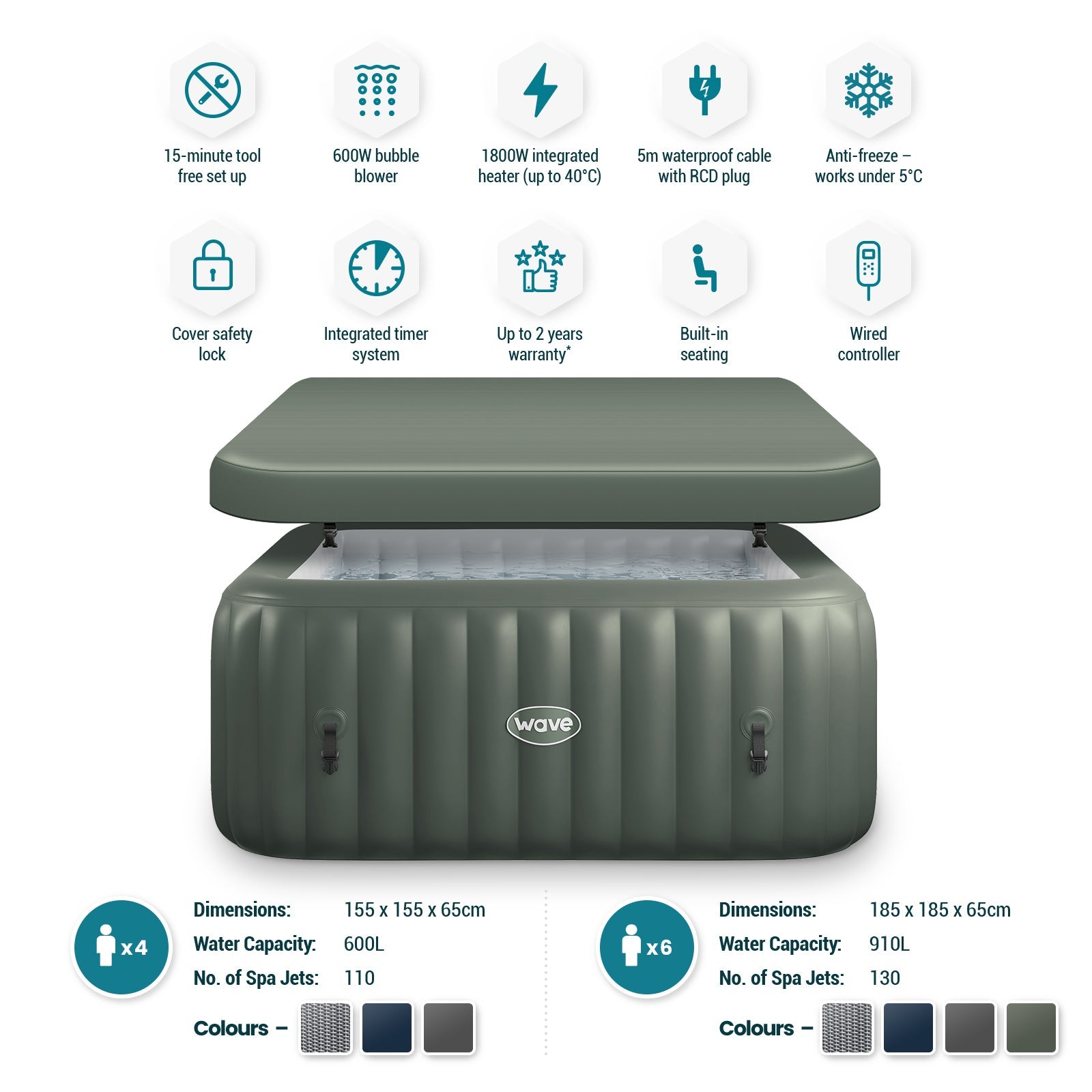 WaveSpa Pacific Inflatable Hot Tub with Integrated Heater – 4–6 Person