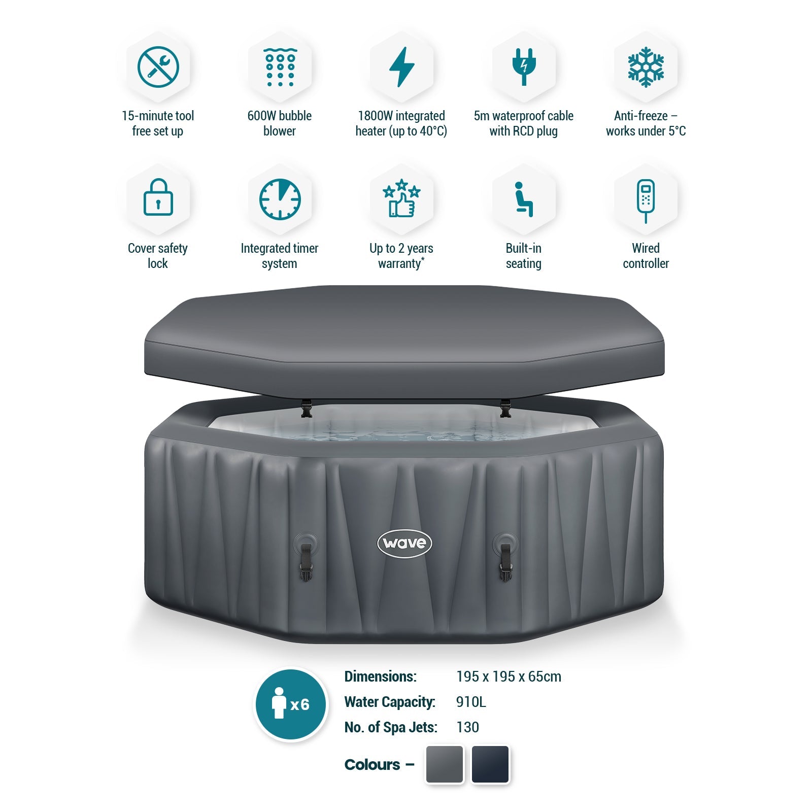 WaveSpa Pacific Inflatable Hot Tub with Integrated Heater – 4–6 Person