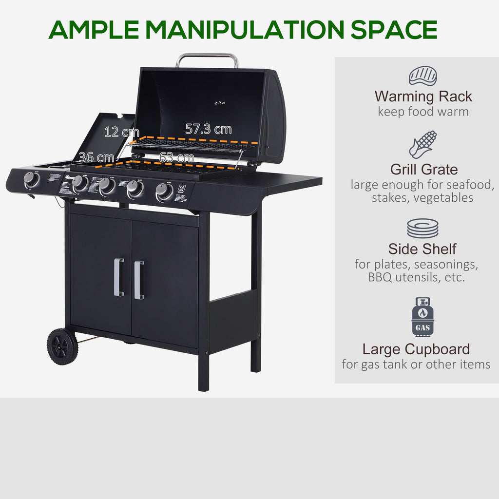 Outsunny 4+1 Burner Gas BBQ Grill, Outdoor Barbecue Trolley with Wheels, Warming Rack, Side Shelves, Cabinet, Thermometer for Garden, Party, Camping, 125 L x 51 W x 100 H cm, Black
