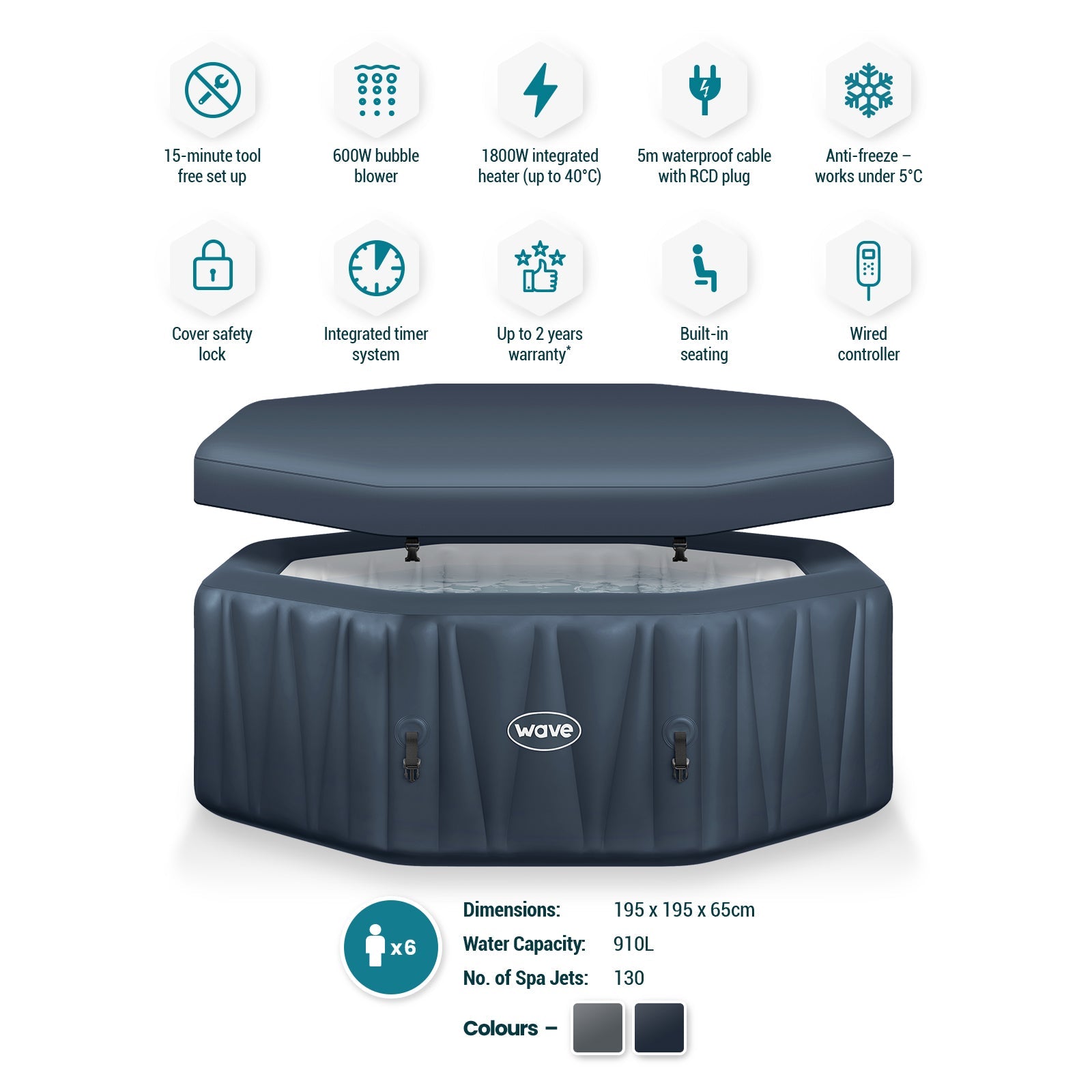 WaveSpa Pacific Inflatable Hot Tub with Integrated Heater – 4–6 Person
