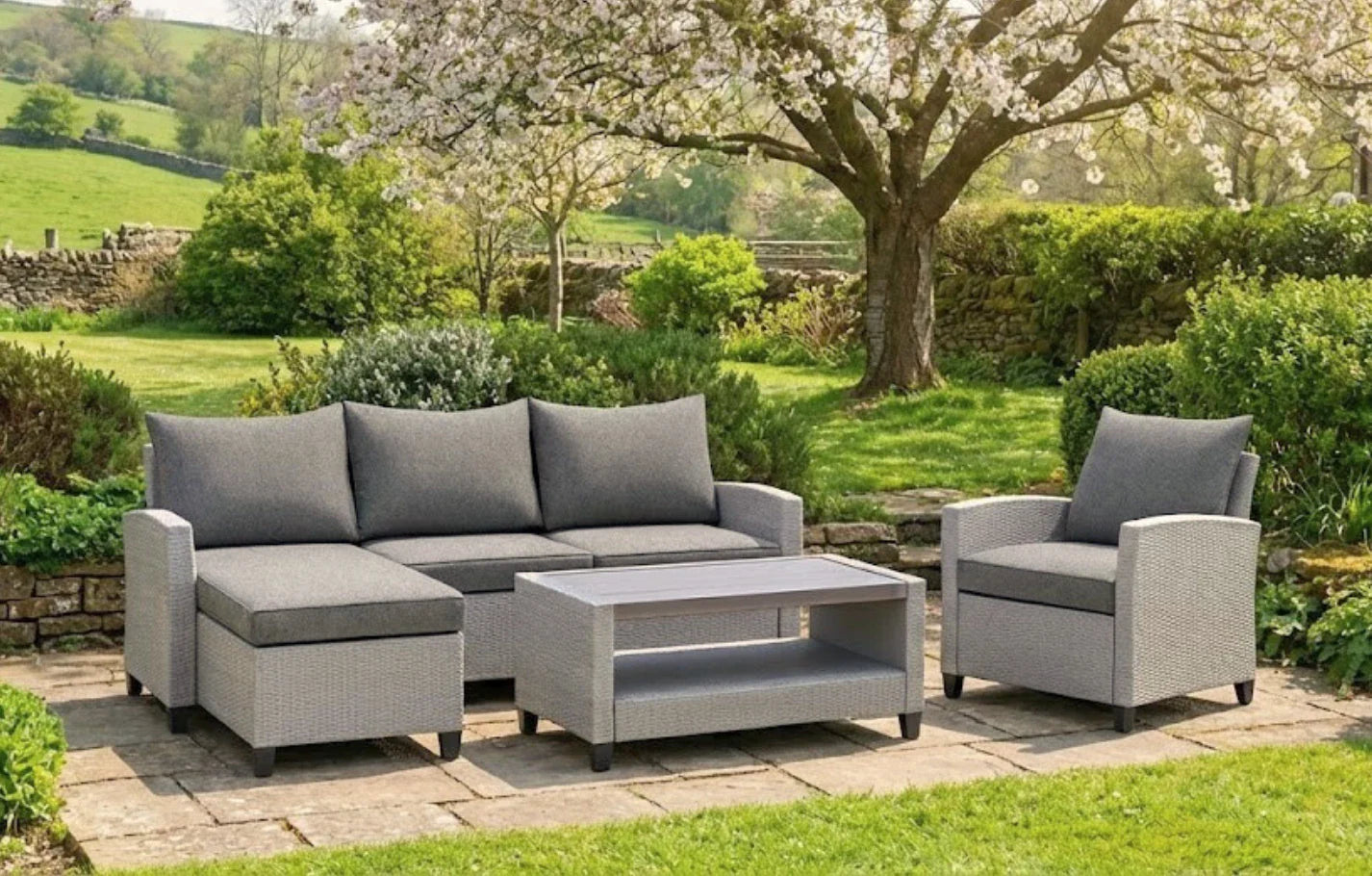 Stockholm Rattan Grey 4 Seater Garden Chaise Lounge Set with Armchair