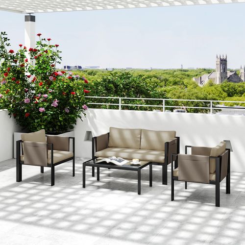 Outsunny 4 Piece Garden Sofa Set w/ Tempered Glass Coffee Table Khaki