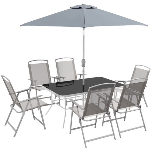 Outsunny 8 Pcs Garden Table and Chairs with Parasol Tempered Glass Top Grey