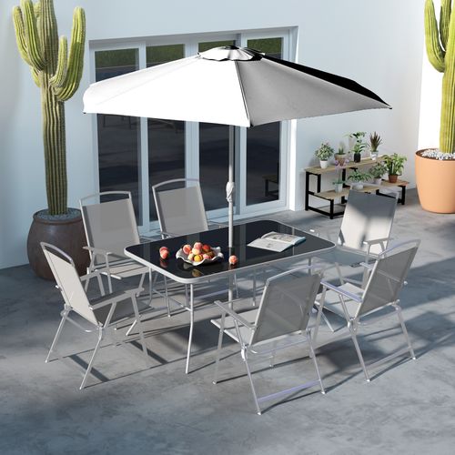 Outsunny 8 Pcs Garden Table and Chairs with Parasol Tempered Glass Top Grey