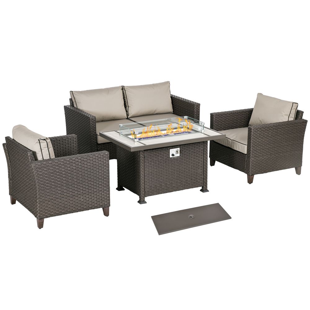 Outsunny 5PC Rattan Garden Set with Gas Fire Pit Table