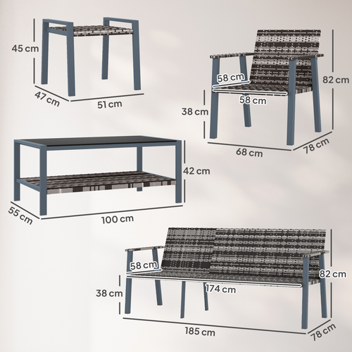 Outsunny 7 Seater Rattan Garden Furniture Set with Glass Coffee Table Grey