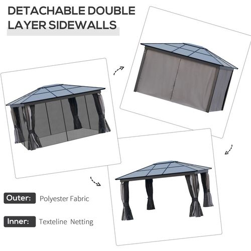 Outsunny 3.6 x 4m Hardtop Gazebo with UV Resistant Polycarbonate Roof & Aluminium Frame, Garden Pavilion with Mosquito Netting and Curtains Black