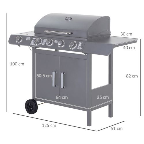 Outsunny Gas BBQ Grill 4 + 1 Stainless Steel Burner Garden Barbecue Cooker