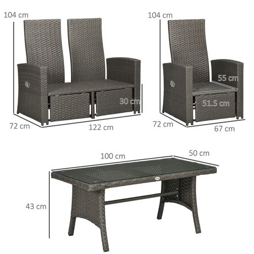Outsunny 4 Piece Rattan Garden Furniture Set with Sofa, Glass Table, Grey
