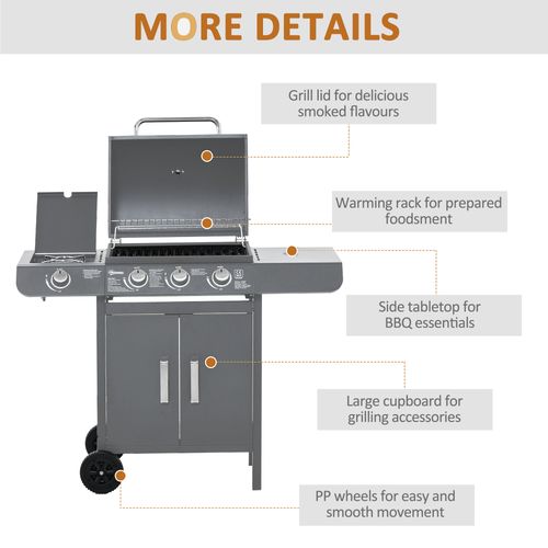 Outsunny Gas Barbecue Grill 3+1 Burner Garden BBQ w/ Large Cooking Area