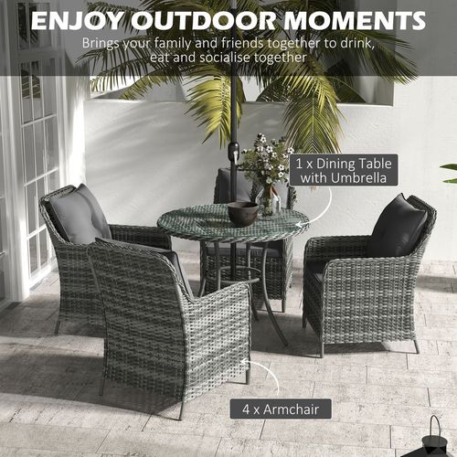Outsunny 6 Pieces Rattan Garden Furniture with Umbrella, Cushions - Mix Grey