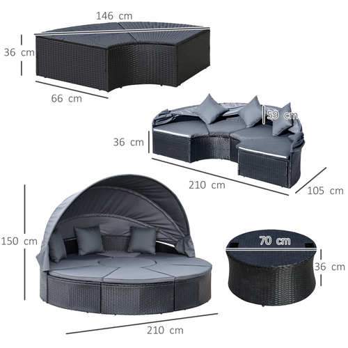 Outdoor Garden Daybed Set w/ Cushioned Round Sofa Bed Conversation Furnitur