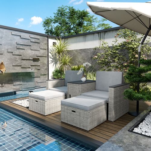 Outsunny 5 Piece Rattan Garden Furniture Set w/ Storage Table, Stools, Grey