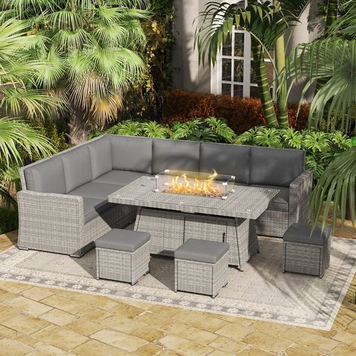 Outsunny 7 Pieces Rattan Garden Furniture Set w/ 50,000 BTU Gas Fire Pit Table