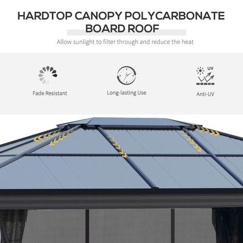 Outsunny 3.6 x 4m Hardtop Gazebo with UV Resistant Polycarbonate Roof & Aluminium Frame, Garden Pavilion with Mosquito Netting and Curtains Black