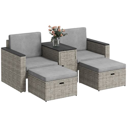 Outsunny 5 Piece Rattan Garden Furniture Set w/ Storage Table, Stools, Grey