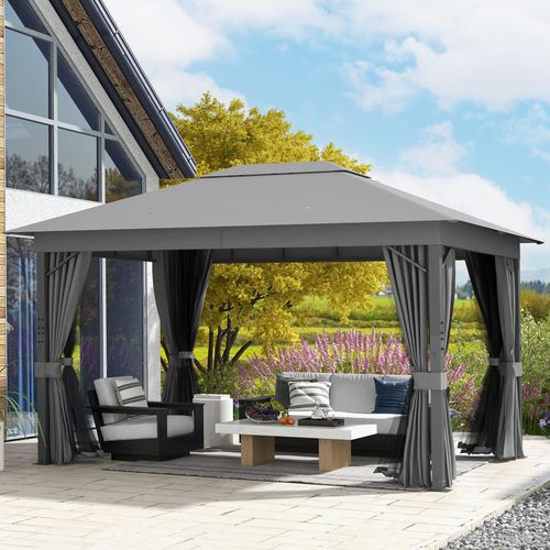 Outsunny 4 x 3(m) Patio Gazebo Garden Shelter w/ Curtains and Netting, Grey