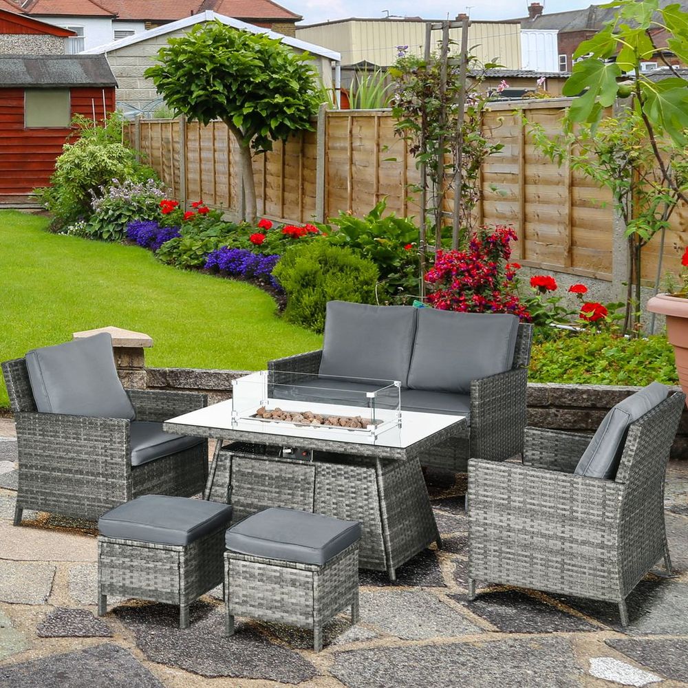 Outsunny Rattan Garden Furniture Sofa Set - Armchairs, Footstools, Fire PitTable