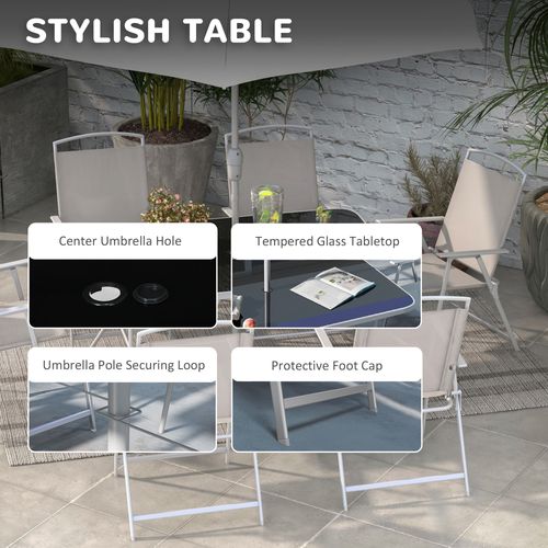 Outsunny 8 Pcs Garden Table and Chairs with Parasol Tempered Glass Top Grey