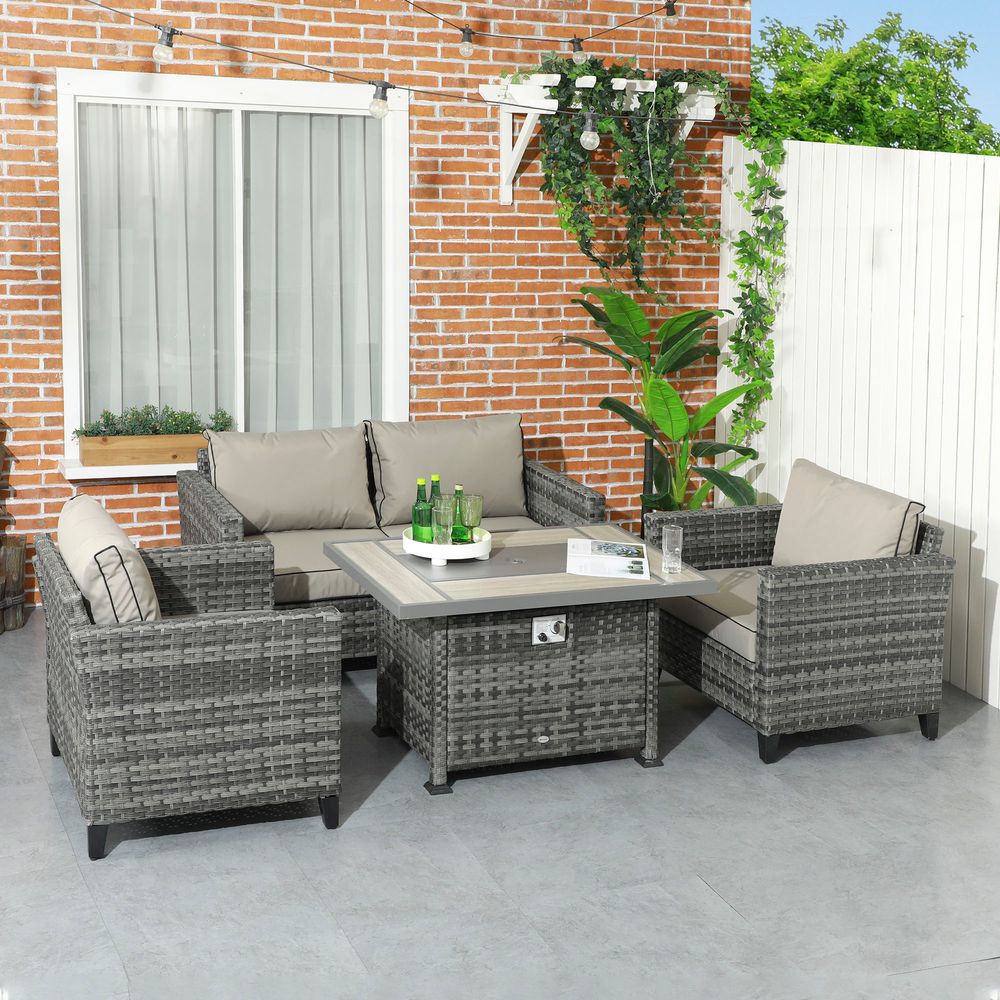 Outsunny 5PC Rattan Garden Set with Gas Fire Pit Table