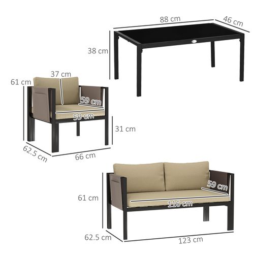 Outsunny 4 Piece Garden Sofa Set w/ Tempered Glass Coffee Table Khaki