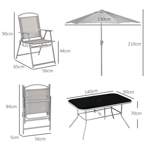 Outsunny 8 Pcs Garden Table and Chairs with Parasol Tempered Glass Top Grey