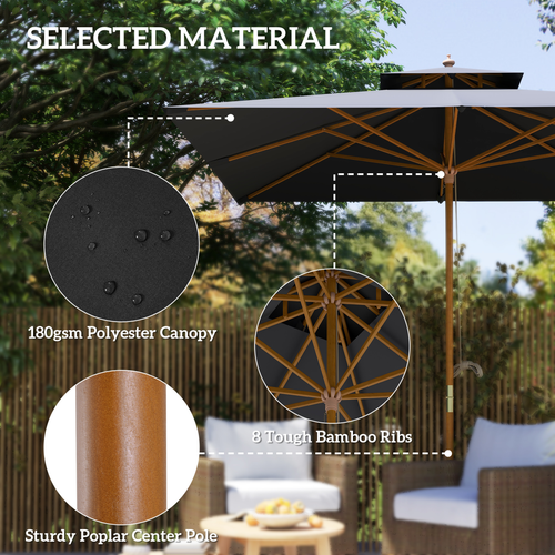 Outsunny 3(m) Wood Square Umbrella Garden Market Parasol Sunshade